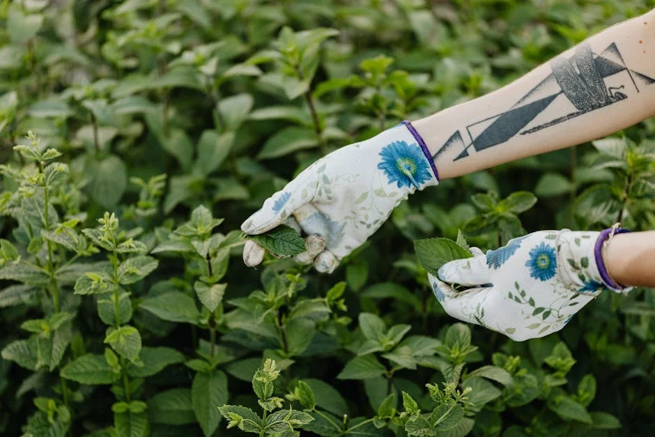 Tattooed person wearing floral gloves harvesting mint in a garden.