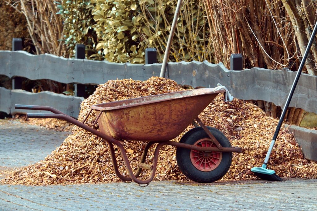 gardening, nature, wheelbarrows, broom, mulch, bark mulch, garden, tool, working device, garden tools, equipment, winter, clean, clean up, landscaping, tools, work, maintenance, court