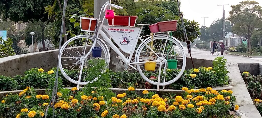 a white bicycle with baskets on the back of it