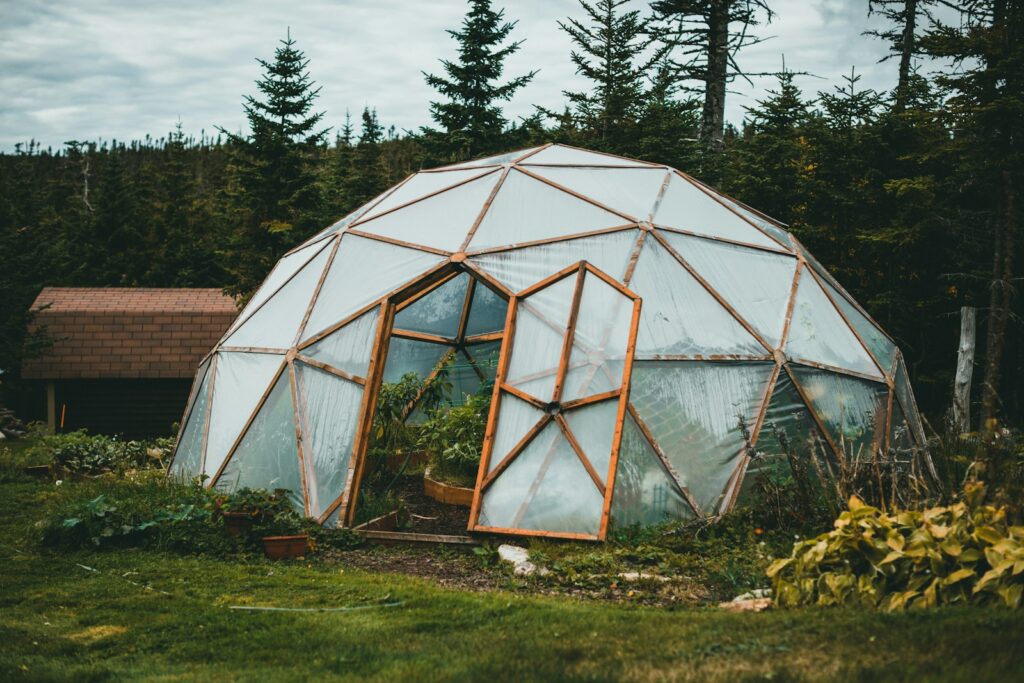 a small greenhouse with a glass door in the grass