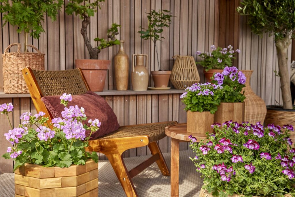 A relaxing outdoor patio with flowers and plants.