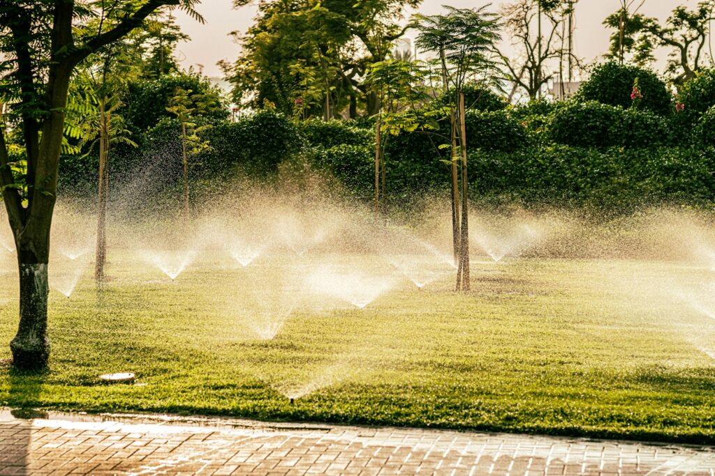 a group of sprinklers are spraying water in a park