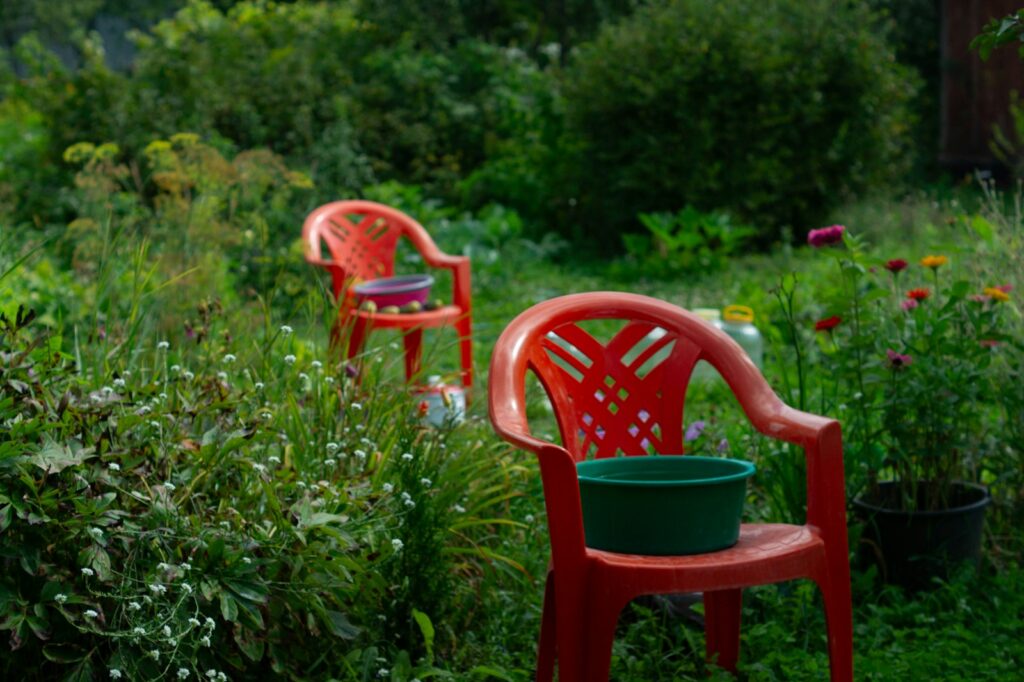 A couple of red chairs sitting on top of a lush green field