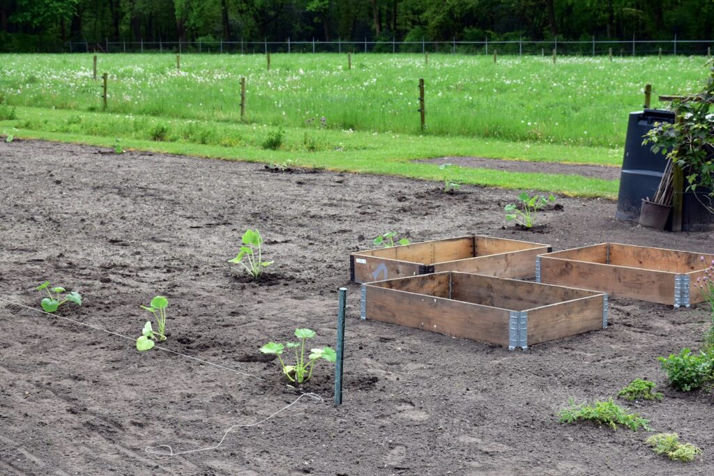 a group of wooden boxes sitting on top of a dirt field