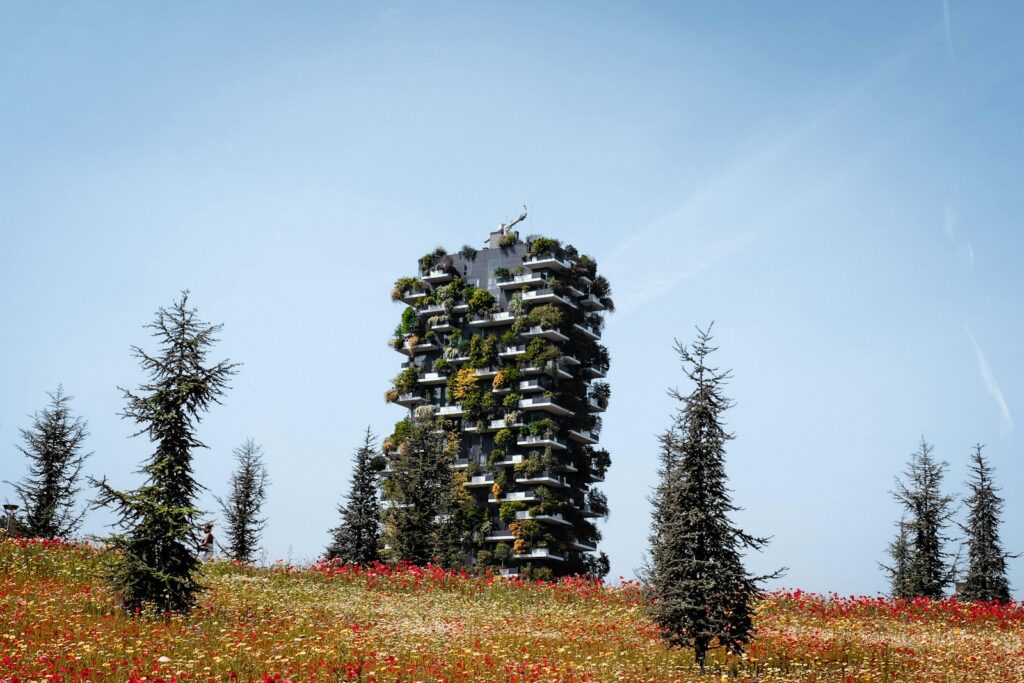 a tall tower with plants growing out of it