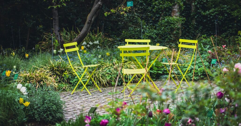 Lime green patio set in a lush, green garden.