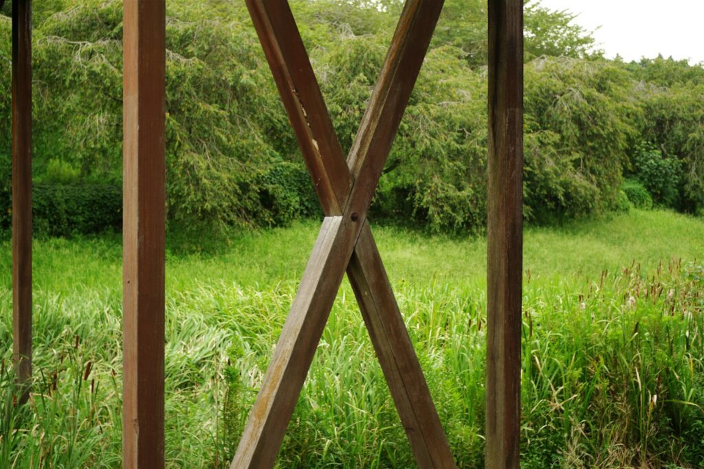 A wooden bench sitting on top of a lush green field