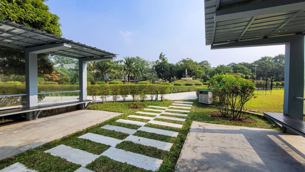 a patio with a covered area