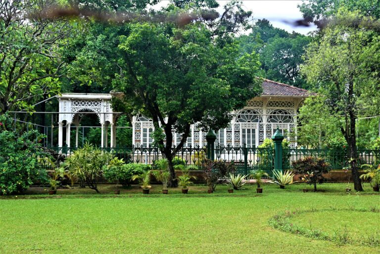 White gazebo in a lush green garden setting