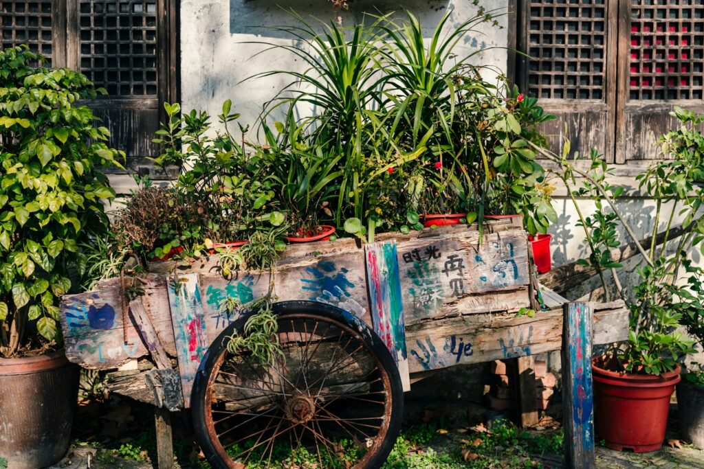 blue and red bicycle with brown wooden cart