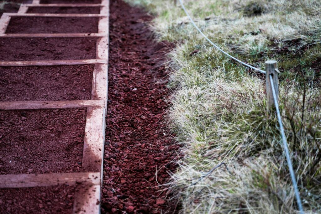a row of steps leading to a grassy field