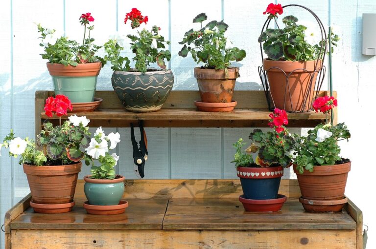 A well-organized potting bench in a garden setting, displaying various gardening tools, plants, and pots, ready for use.