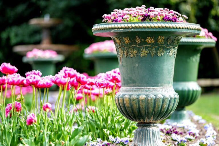 Colorful garden in Lausanne showcasing ornate planters and blooming flowers, capturing spring elegance.