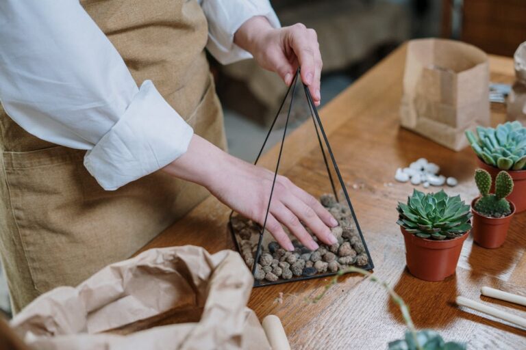 Person assembling a triangular glass terrarium with succulents on a wooden table.