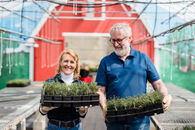 Happy senior couple working with plants in a bright greenhouse setting.