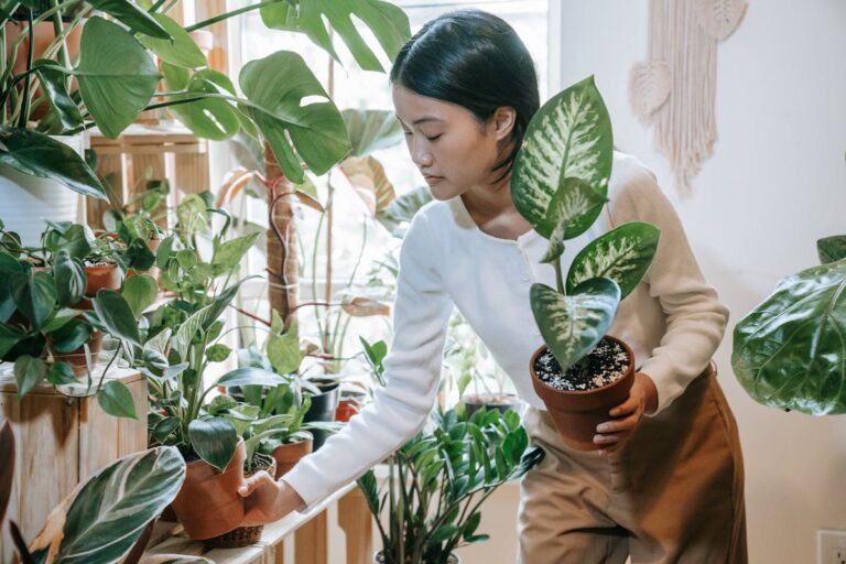 An Asian woman arranging and nurturing potted plants in a cozy home garden.