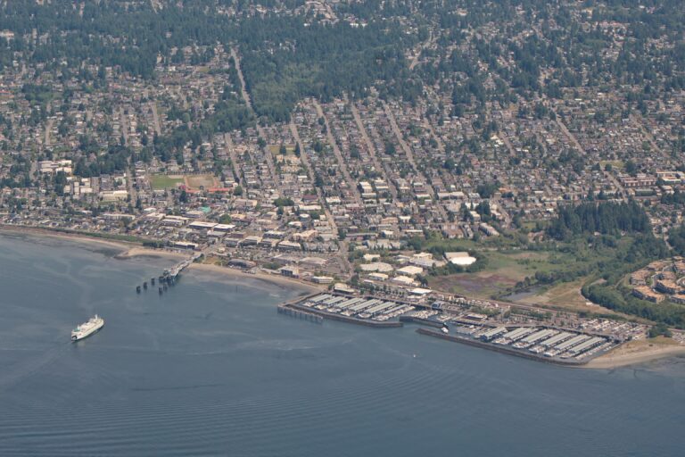 Aerial view of Edmonds, Washington, with homes among tall evergreen trees near Puget Sound
