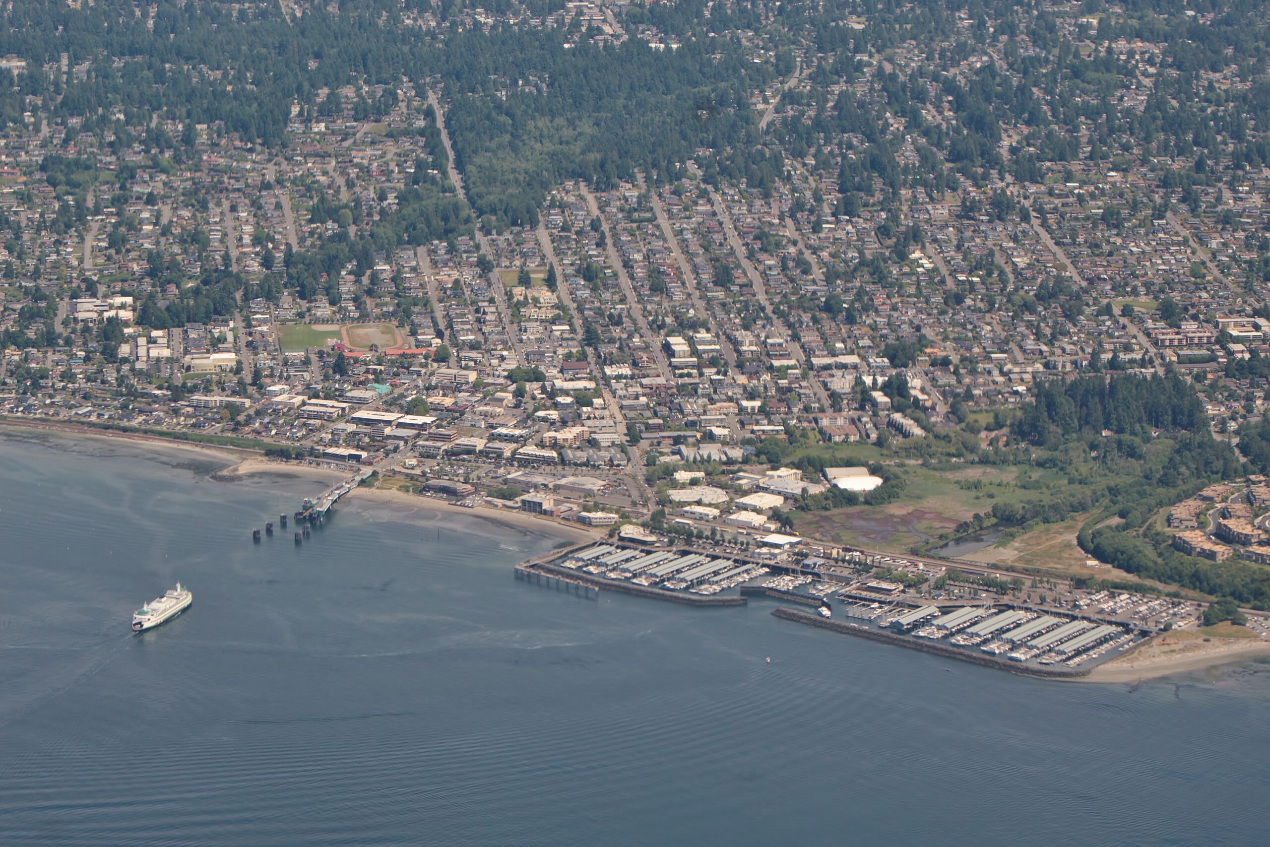 Aerial view of Edmonds, Washington, with homes among tall evergreen trees near Puget Sound
