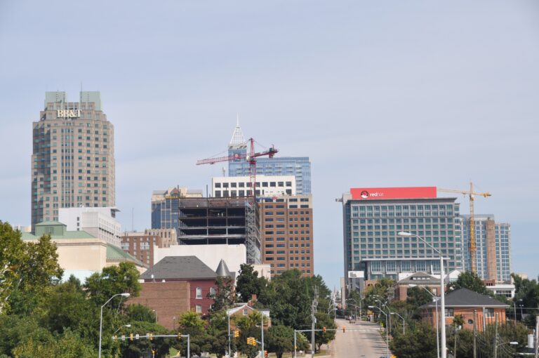 Raleigh, North Carolina skyline rising above a line of green trees