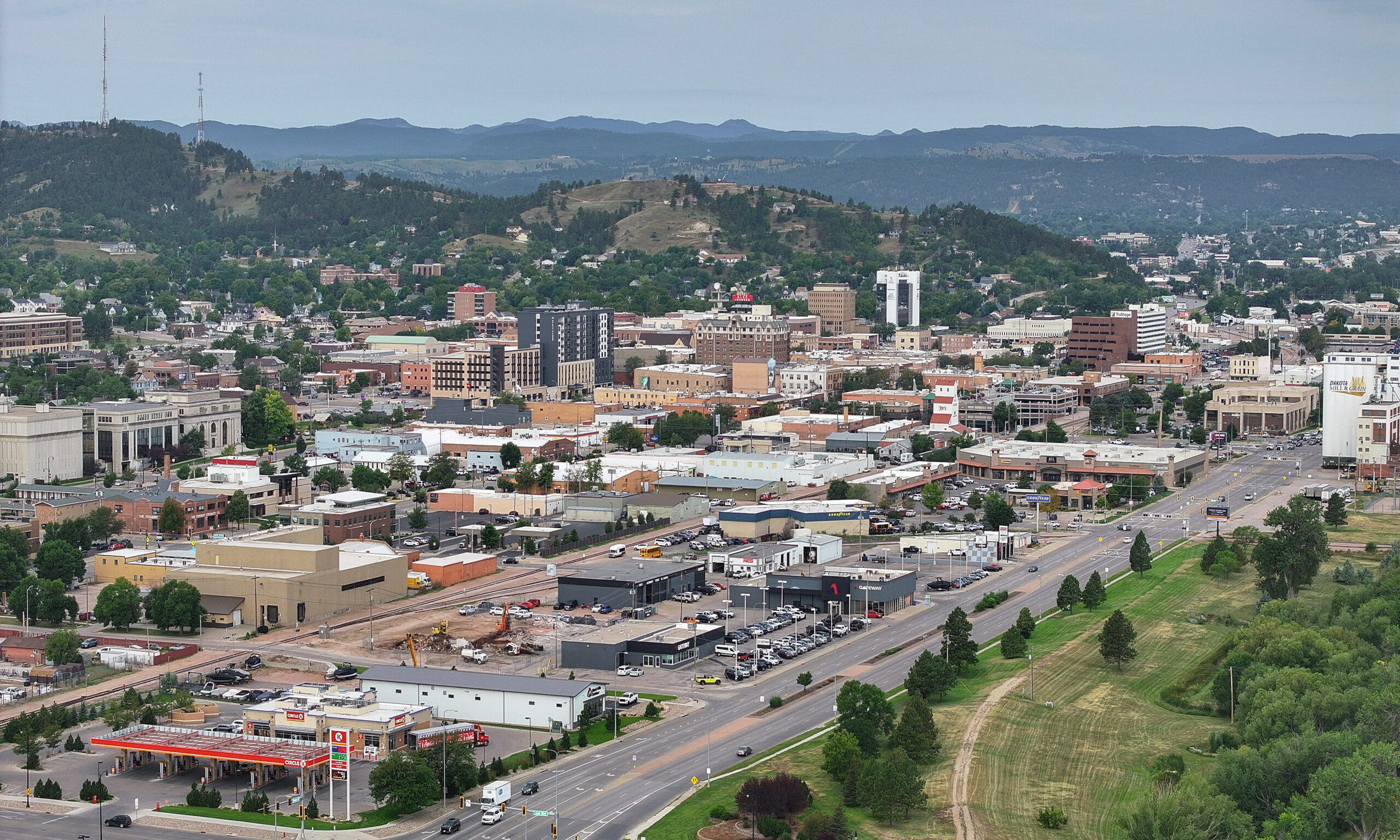 Skyline of downtown Rapid City, South Dakota, with hills in the background